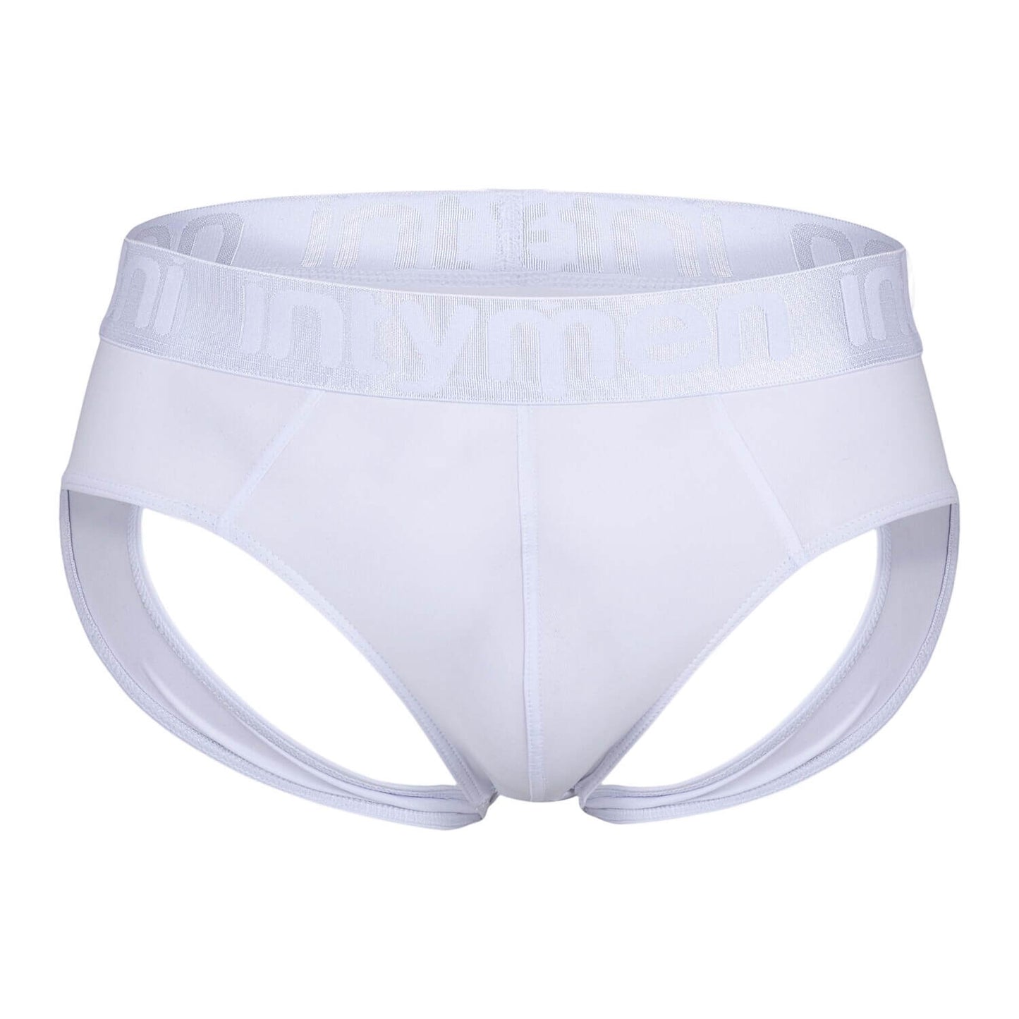 Front view of white Intymen jockstrap with logo waistband laid flat.