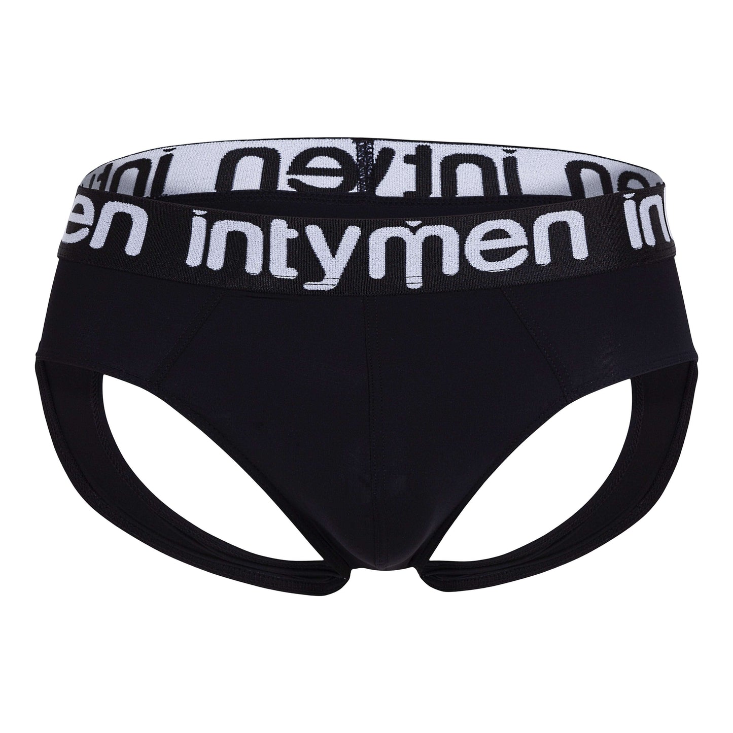 Front view of black Intymen jockstrap with logo waistband.