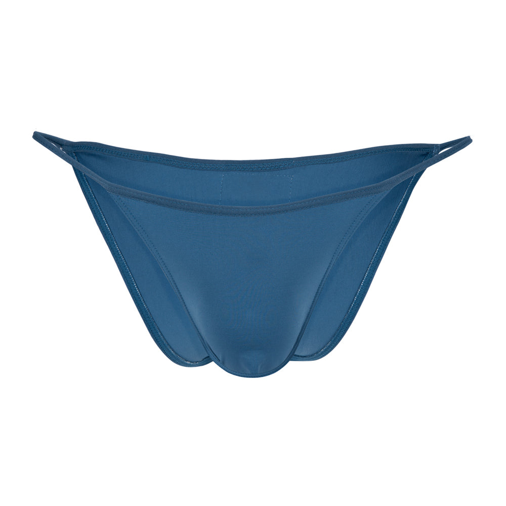 Front view of a teal micro thong underwear, featuring a minimalist design and narrow side straps