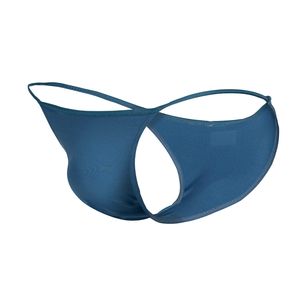 Rear view of a teal men's thong featuring a bold open-back design with minimal strap coverage.