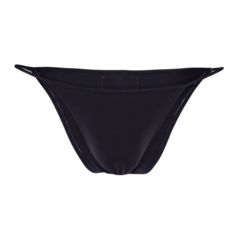 Black men's thong – front view with minimal coverage and side straps.