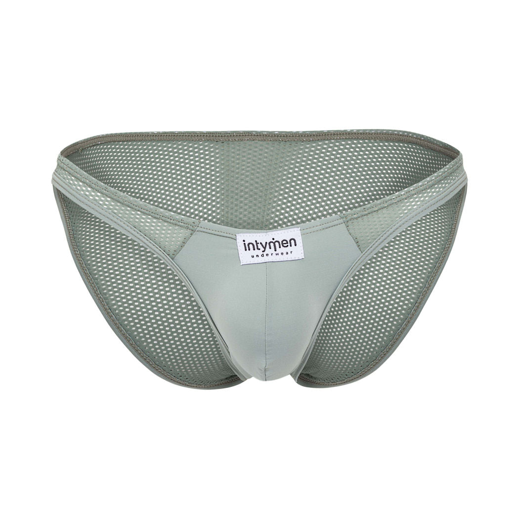Front view of light green mesh bikini – features breathable fabric, elastic waistband, and center label detail.