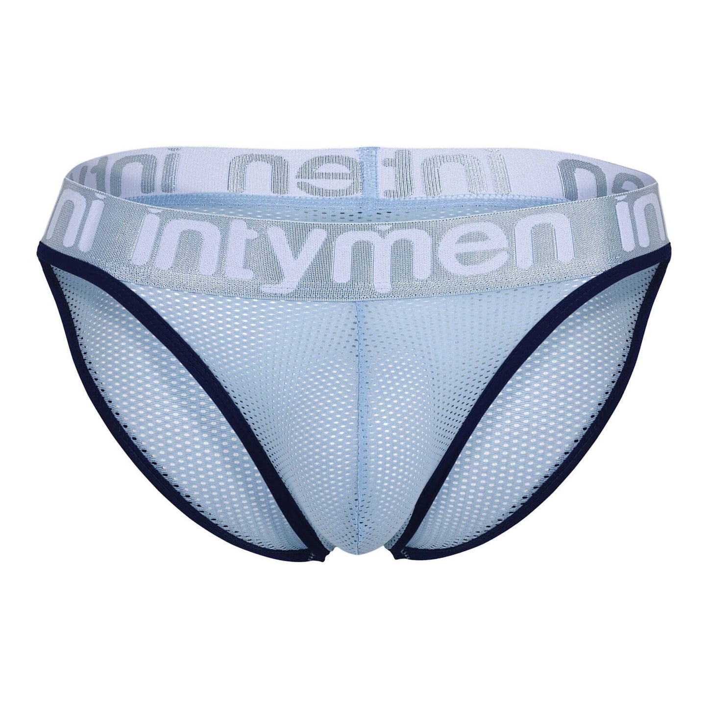 Front view – light blue mesh brief with navy trim and silver Intymen waistband.