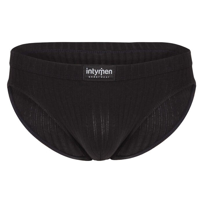 Black ribbed thong-style underwear, front view.