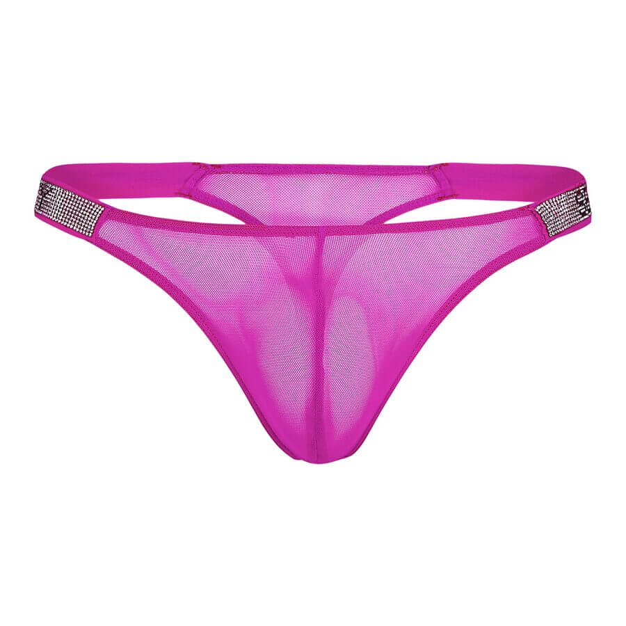 Fuchsia sheer thong with silver rhinestone side accents.