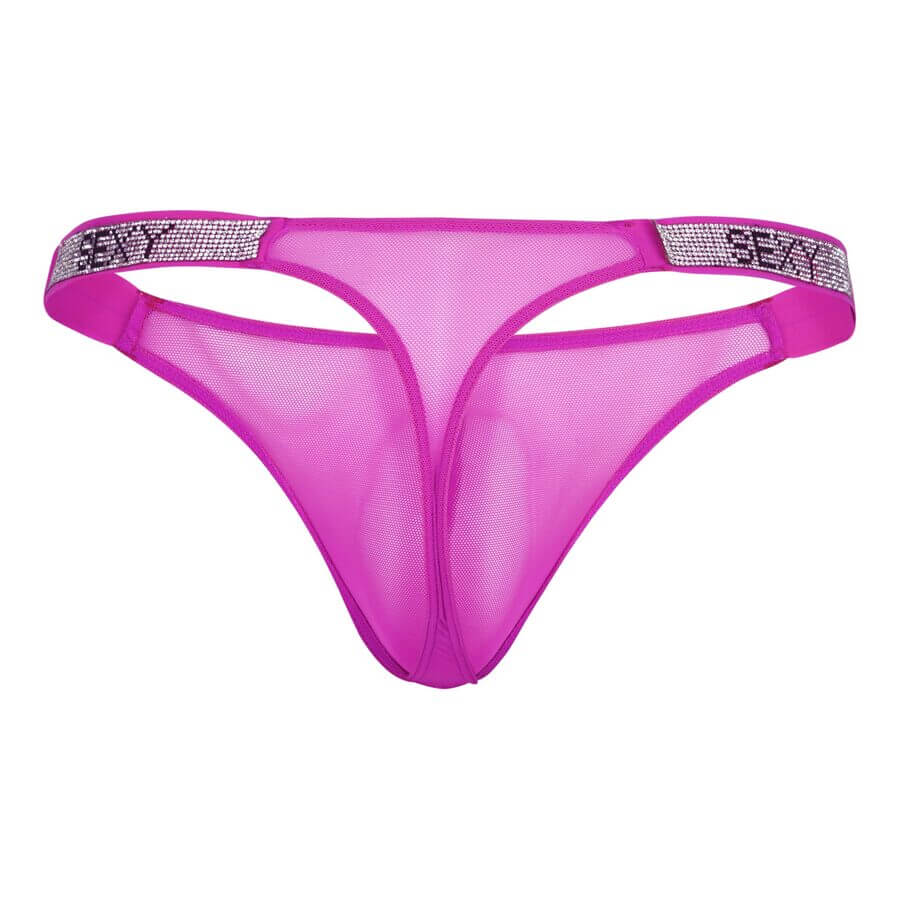 Fuchsia sheer thong with rhinestone-studded side straps featuring the word “SEXY” in black lettering.