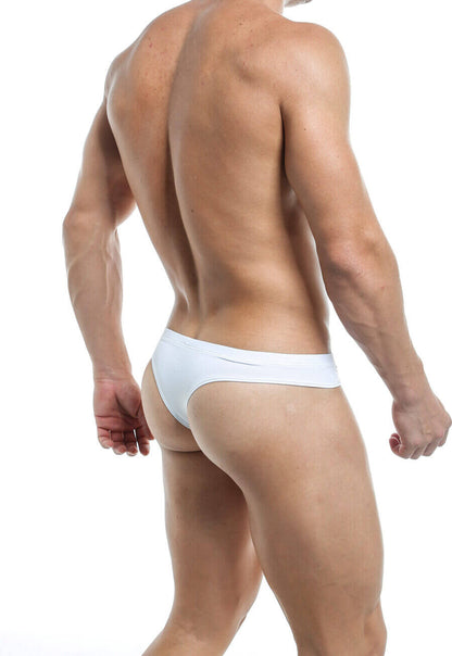 Men’s white thong with a minimal back coverage design, featuring a narrow strap that sits low on the waist.
