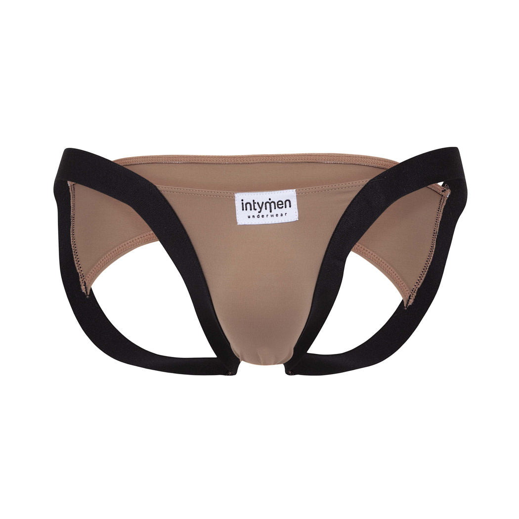 Front view of beige and black Intymen open-back thong on white background.