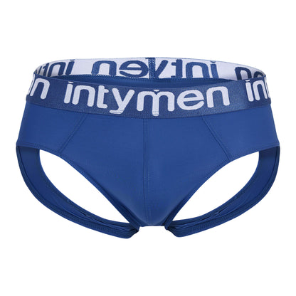 Front view of blue Intymen jockstrap with logo waistband.