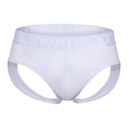 Front view of white Intymen jockstrap with logo waistband laid flat.