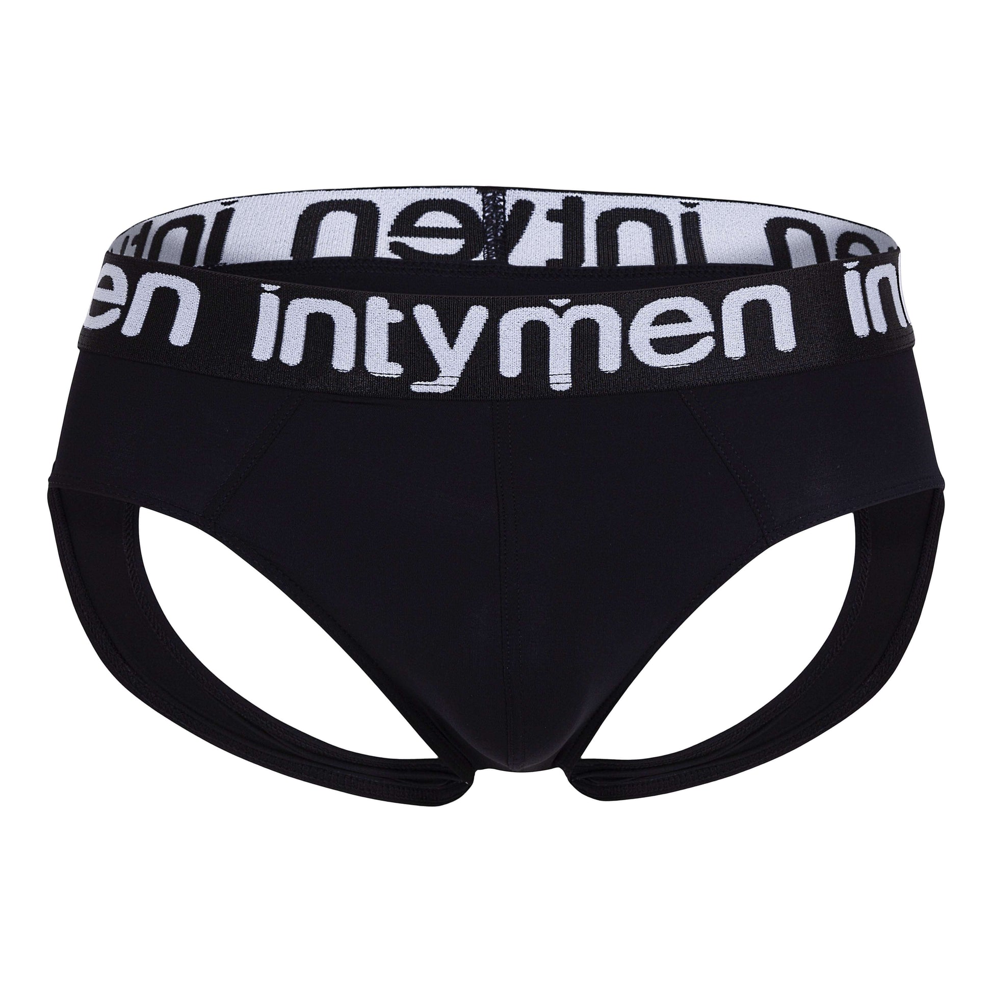 Front view of black Intymen jockstrap with logo waistband.