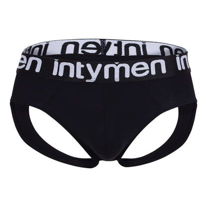 Front view of black Intymen jockstrap with logo waistband.