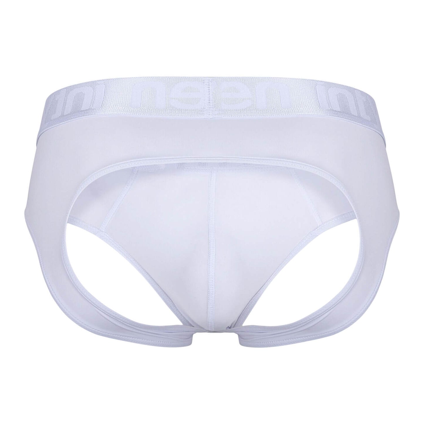 Back view of white Intymen jockstrap laid flat on white background.