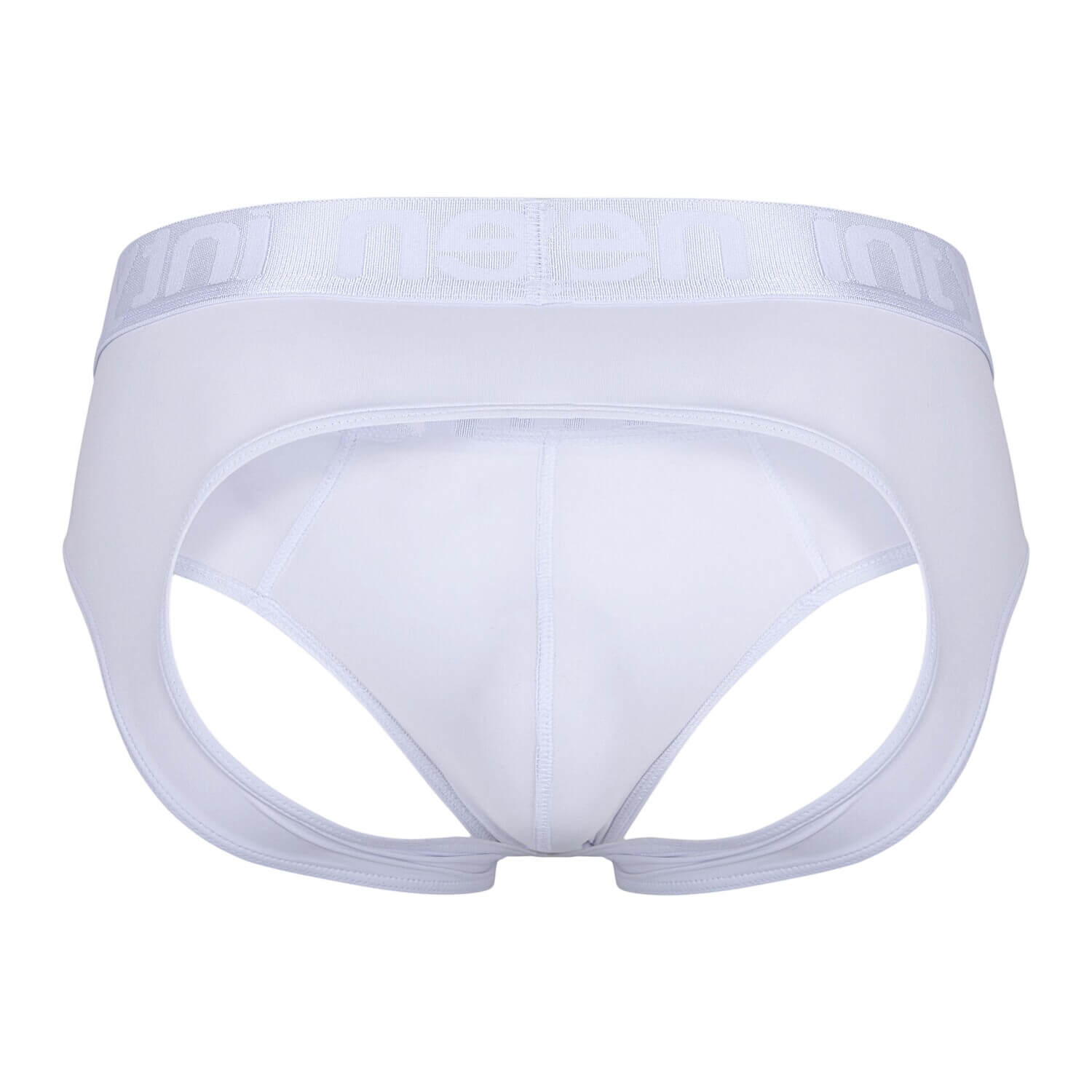 Back view of white Intymen jockstrap laid flat on white background.