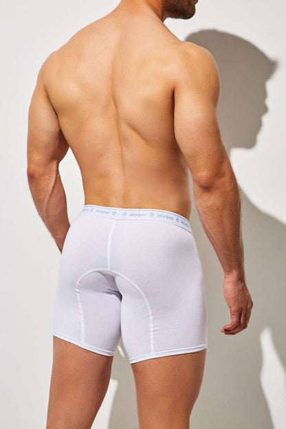 Back side view of man wearing white boxer briefs with light gray waistband.