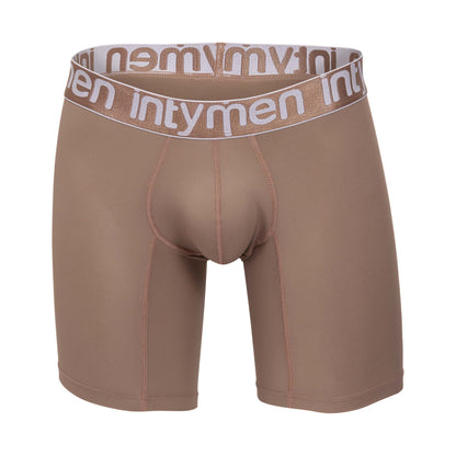 Front view of mocha Intymen long boxer briefs with matching logo waistband laid flat.