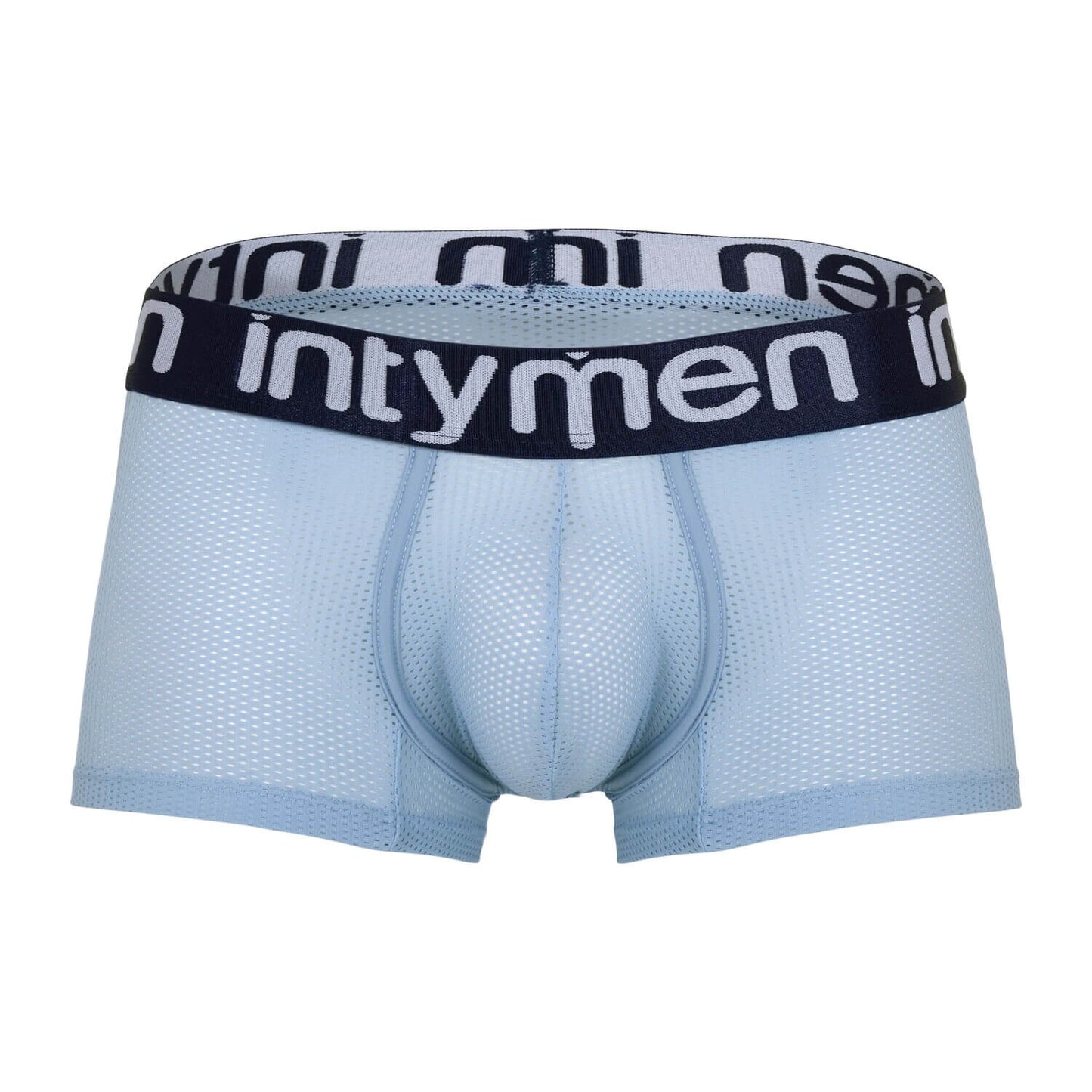Light blue mesh Intymen boxer briefs with navy waistband on white background