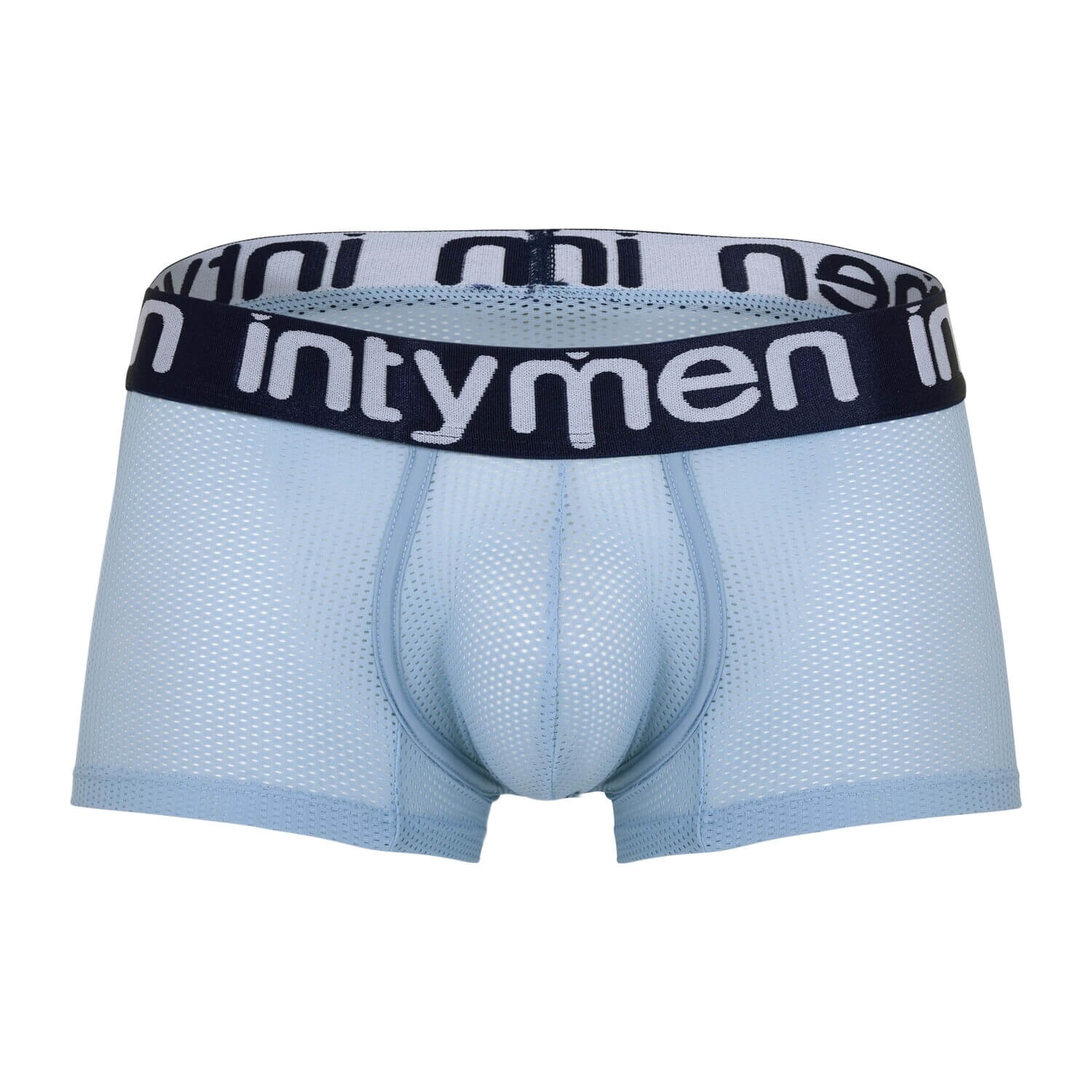 Light blue mesh Intymen boxer briefs with navy waistband on white background