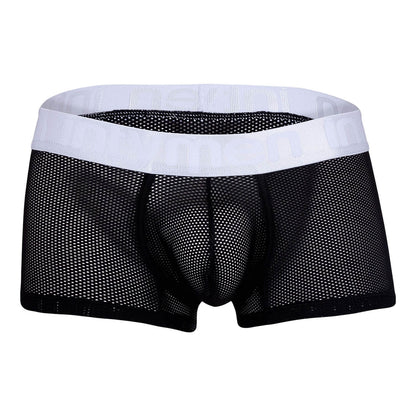 Black mesh Intymen boxer briefs with white waistband on white background.