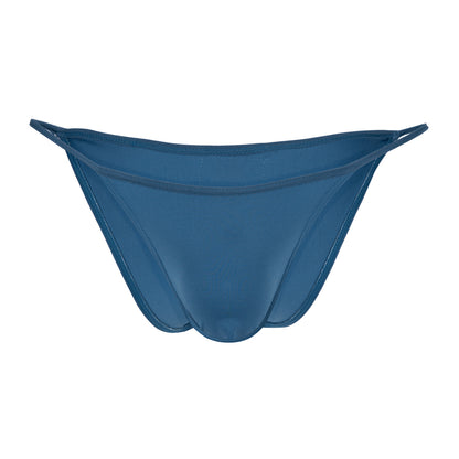 Blue bikini-style thong with narrow sides and smooth front pouch.
