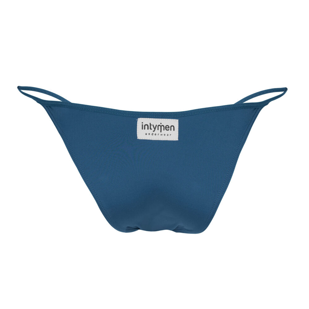 Blue men's thong – rear view with Intymen logo label.

