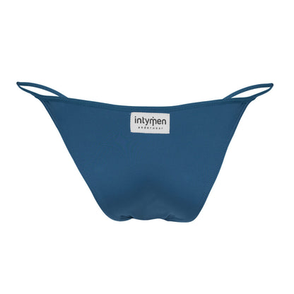 Blue men's thong – rear view with Intymen logo label.
