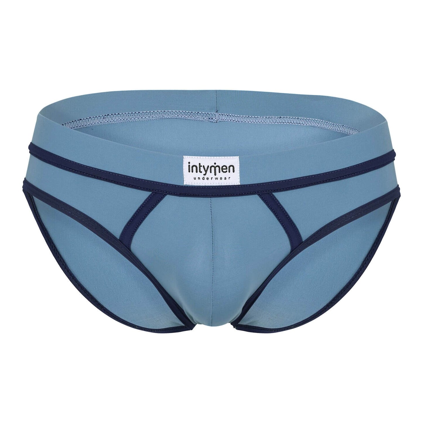 Front view – light blue briefs with navy accents and Intymen logo waistband.
