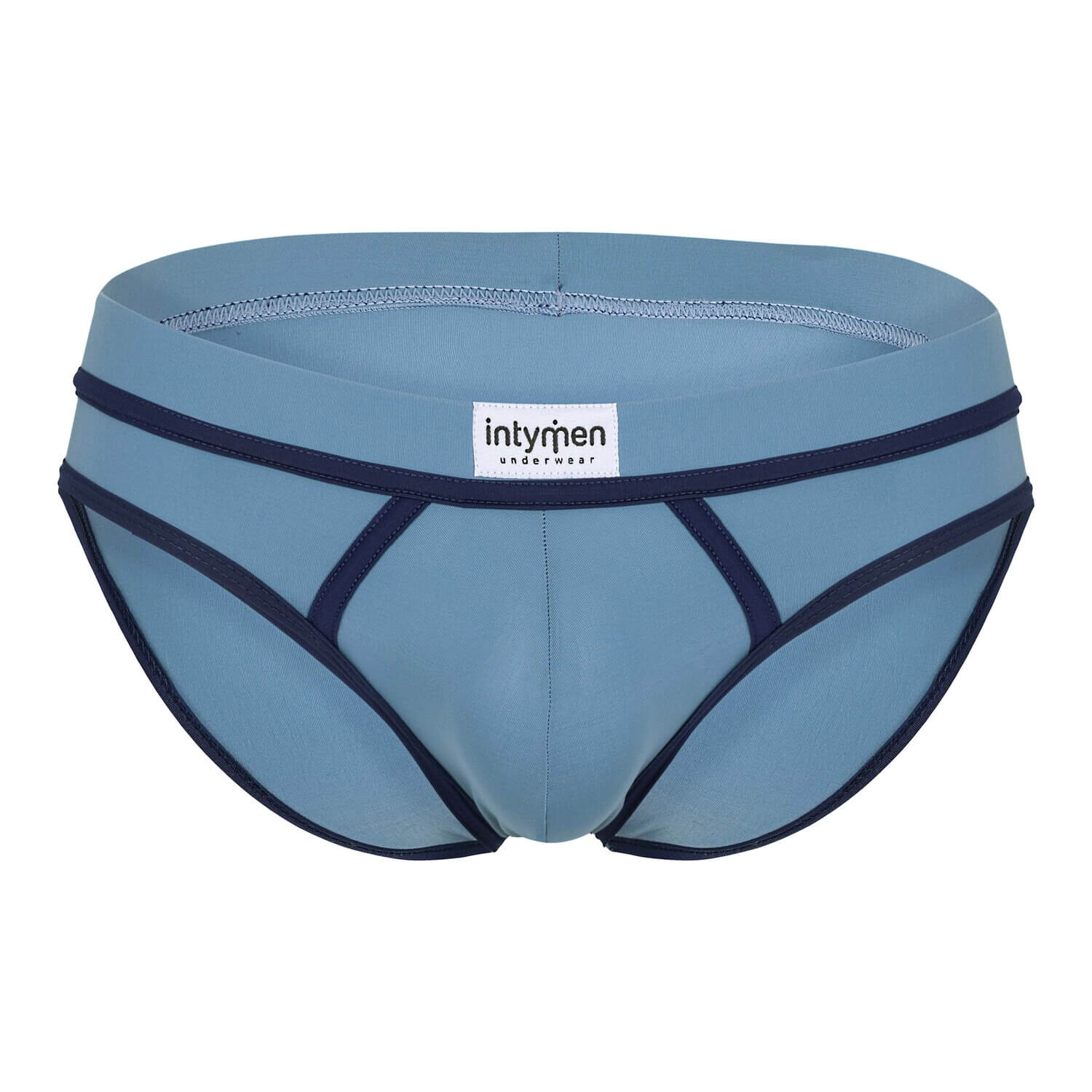 Front view – light blue briefs with navy accents and Intymen logo waistband.

