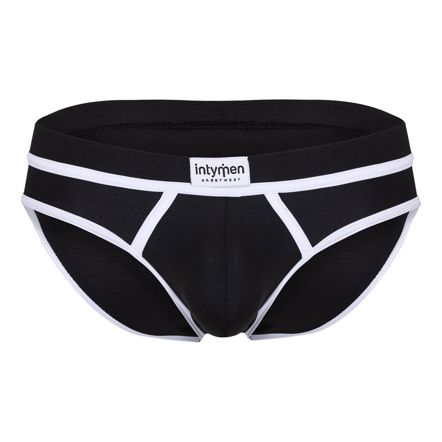 Front view – black briefs with white piping and Intymen logo on the waistband.