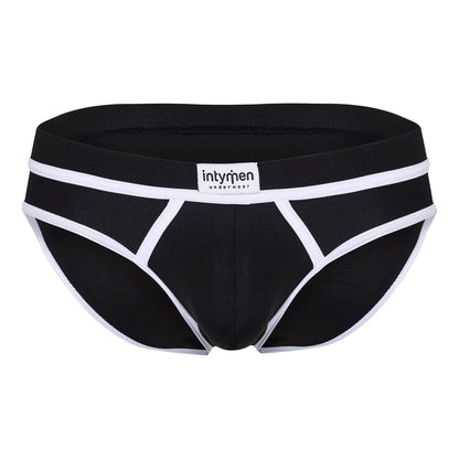 Front view – black briefs with white piping and Intymen logo on the waistband.