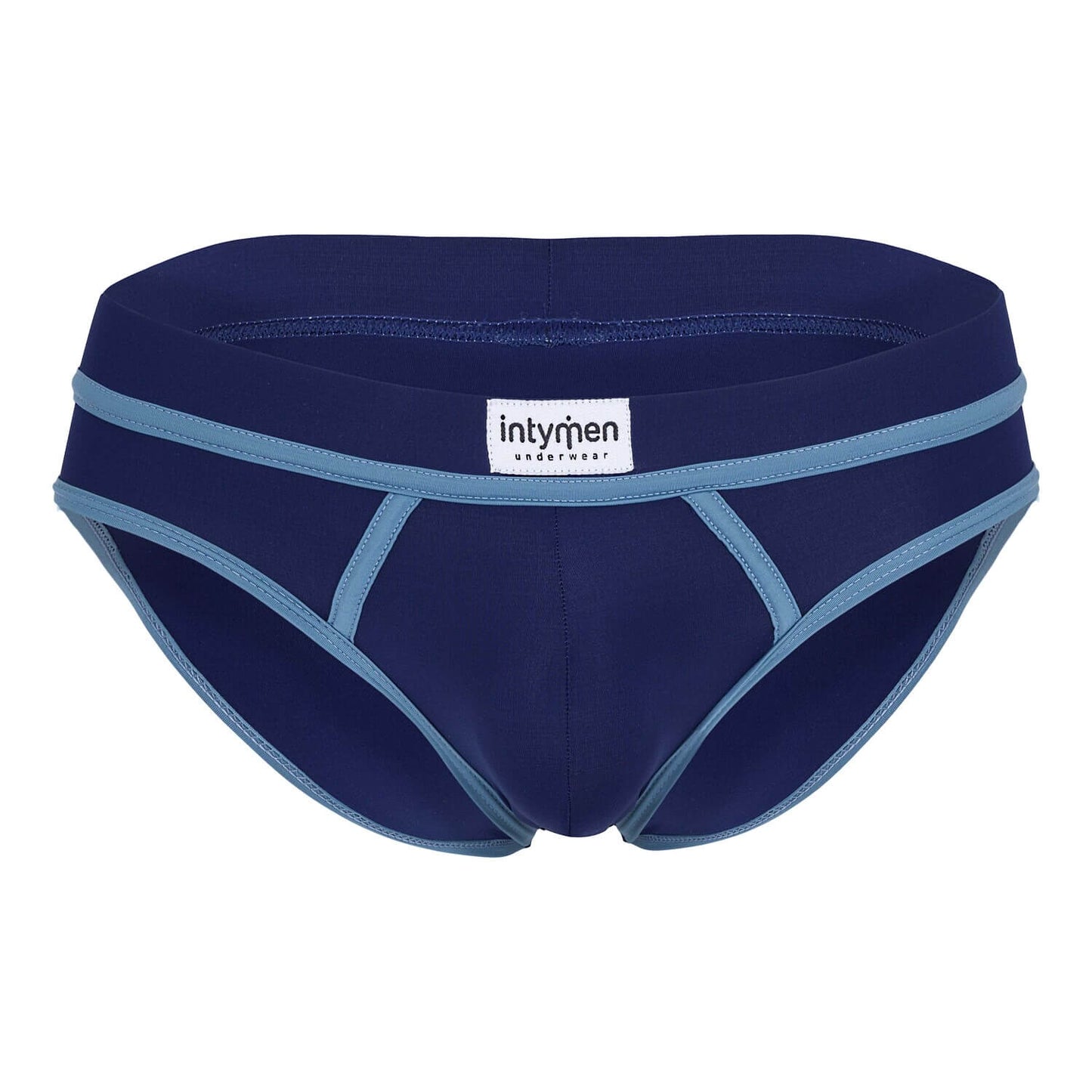 Front view – navy blue briefs with light blue trim and Intymen logo on waistband.
