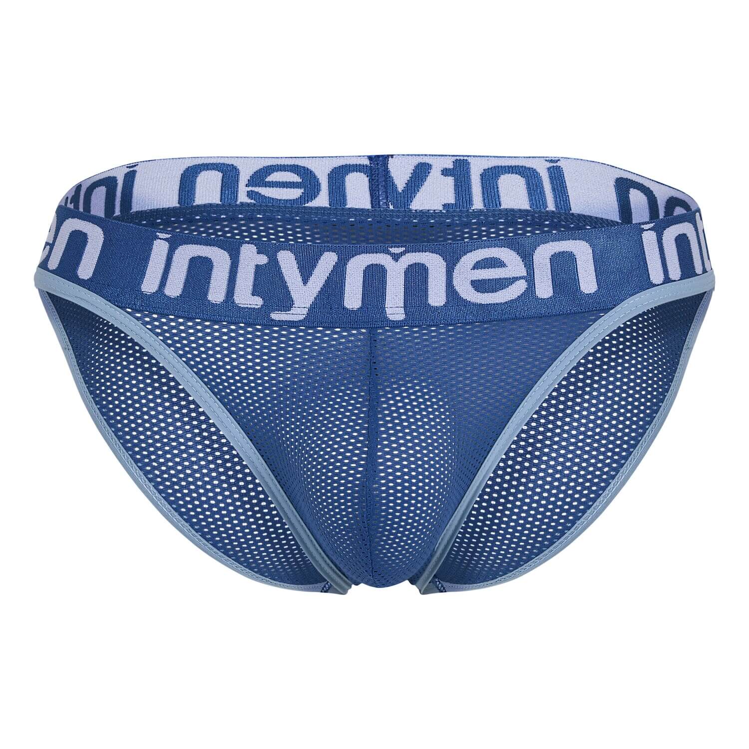 Front view – blue mesh brief with light blue piping and bold Intymen waistband.

