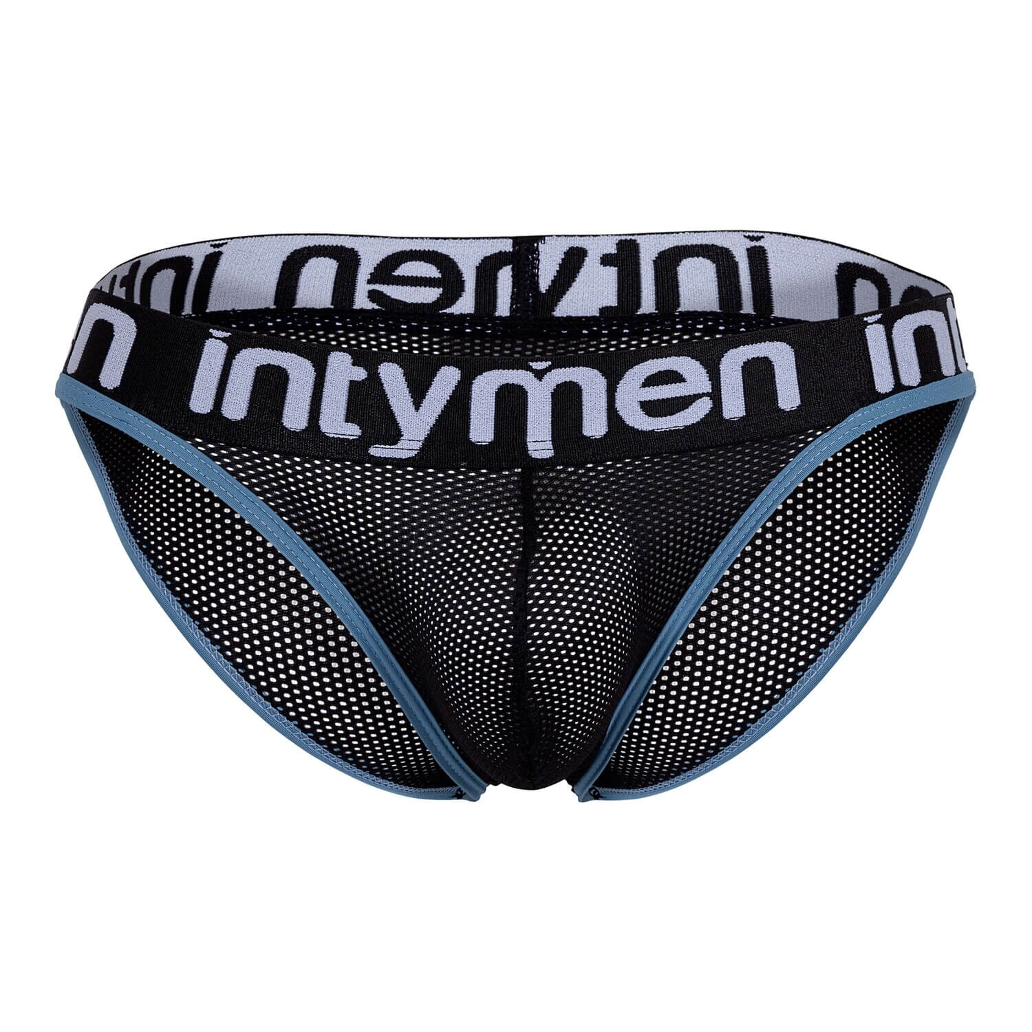 Front view – black mesh brief with blue piping and bold Intymen waistband.