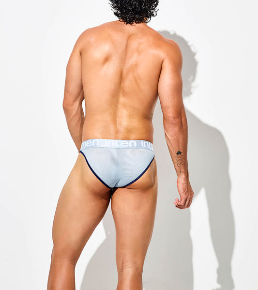 Back view – light mesh thong with wide Intymen logo waistband and navy blue trim.
