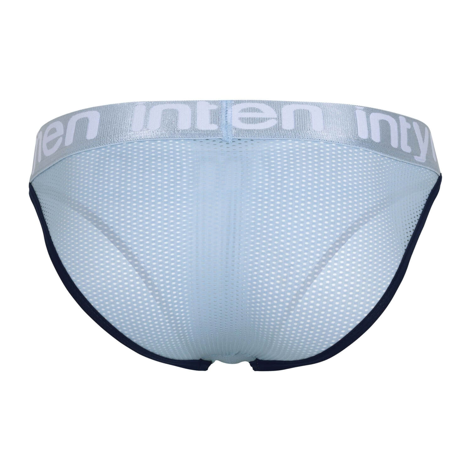 Back view – light blue mesh brief with navy trim and silver Intymen waistband.
