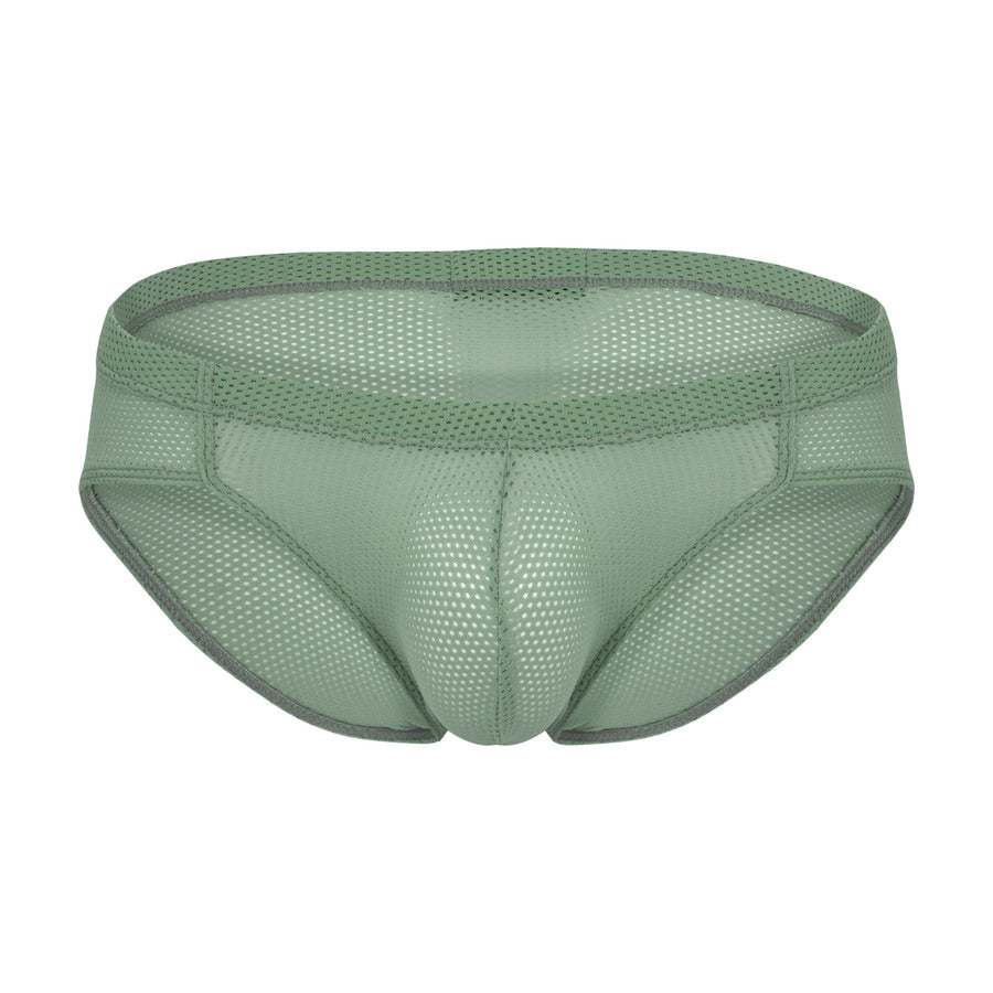 Green mesh brief with contour pouch and breathable perforated fabric design, front view.
