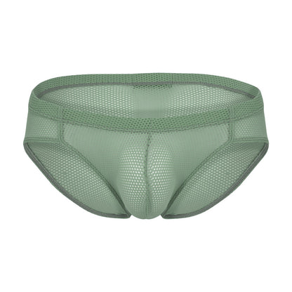 Green mesh brief with contour pouch and breathable perforated fabric design, front view.
