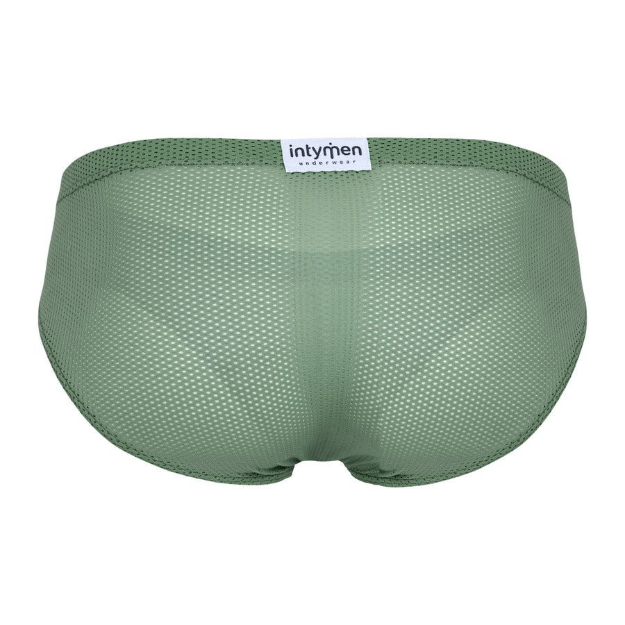 Green mesh brief back view featuring full rear coverage and breathable perforated fabric, with "intymen underwear" label at the waistband center.
