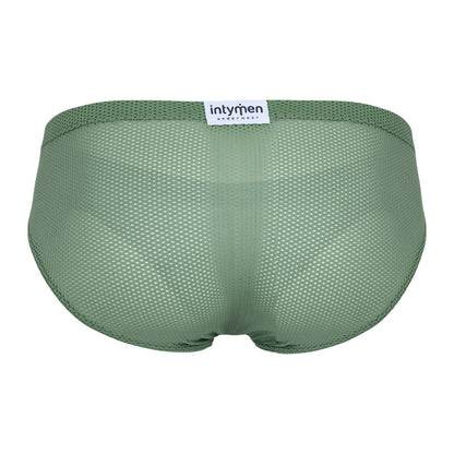 Green mesh brief back view featuring full rear coverage and breathable perforated fabric, with "intymen underwear" label at the waistband center.
