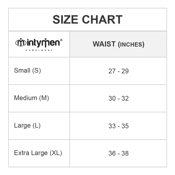 Intymen size chart: Small (27-29”), Medium (30-32”), Large (33-35”), Extra Large (36-38”).