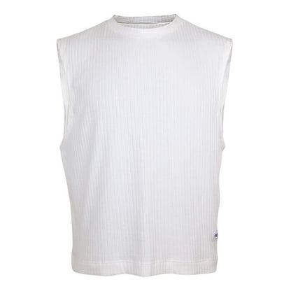 Sleeveless white ribbed top, front view.