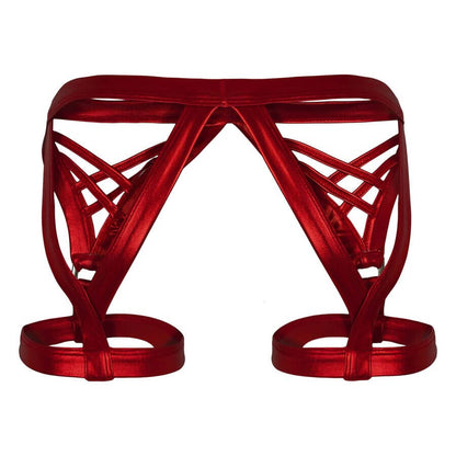 Back view of red strappy men’s harness underwear with an open rear design and thigh straps.
