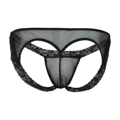 The image shows a pair of black lace men's underwear with a sheer mesh fabric and an open-back cutout design.
