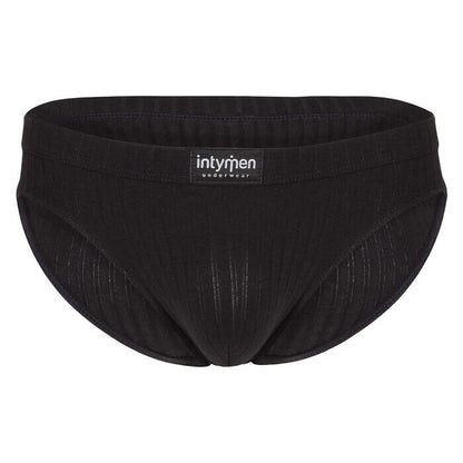 Black ribbed thong-style underwear, front view.