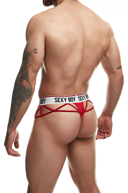 Men’s red jockstrap with “SEXY BOY” waistband and side strap accents.