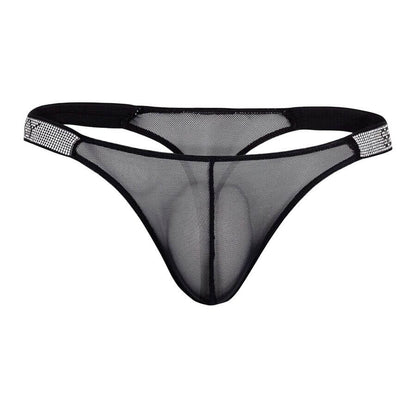 Black sheer thong with rhinestone-studded side straps featuring the word “SEXY” in black lettering.
