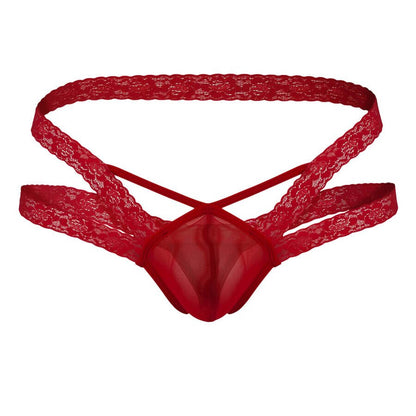 This image shows a red lace men's thong with a double waistband design and a mesh front pouch. The straps cross at the front, adding a decorative and supportive feature.
