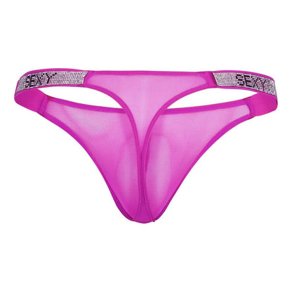 Fuchsia sheer thong with rhinestone-studded side straps featuring the word “SEXY” in black lettering.
