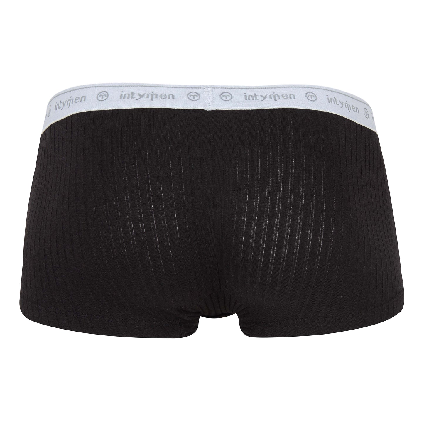 Back view of black boxer briefs with a white logo waistband.