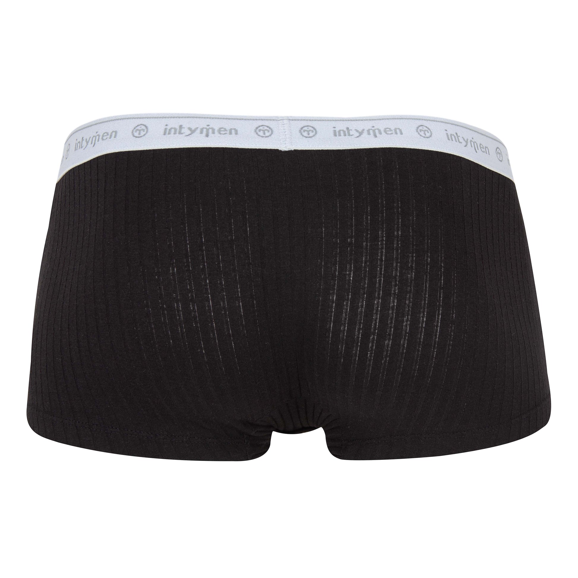 Back view of black boxer briefs with a white logo waistband.